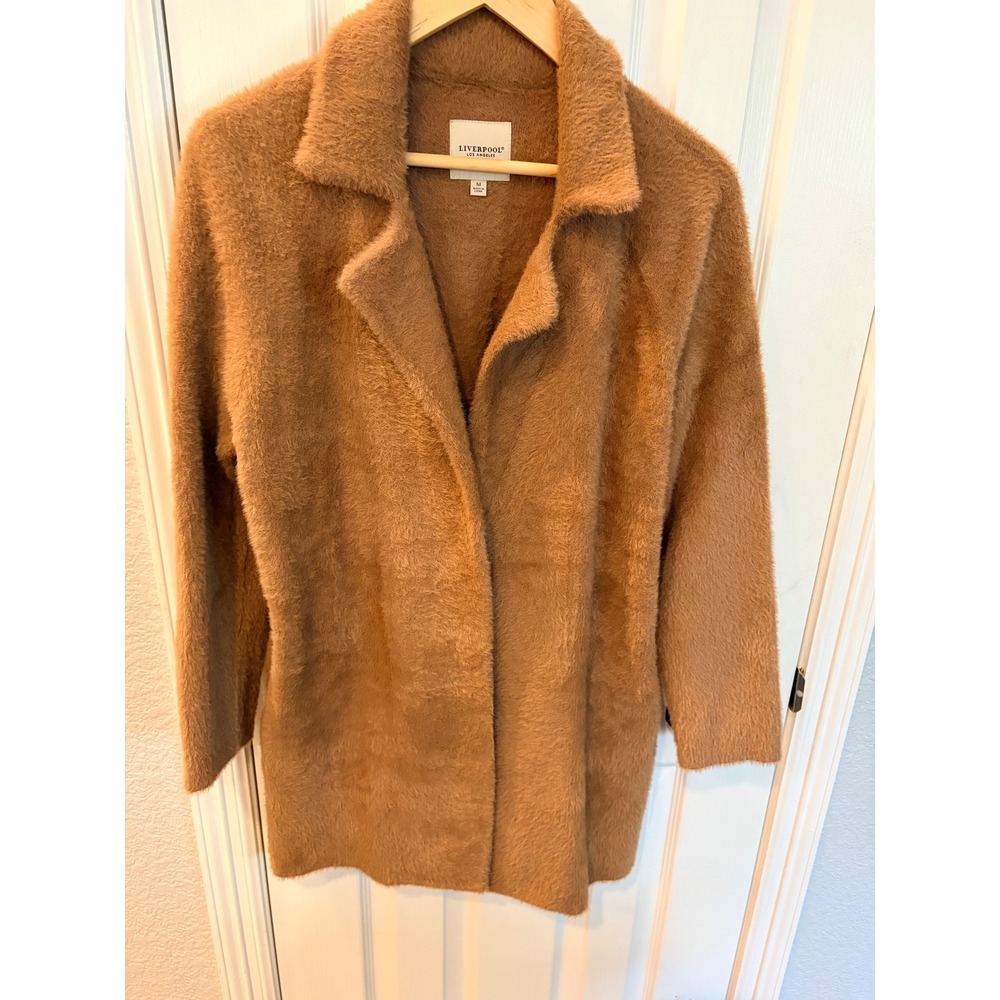 Liverpool Cardigan Coat Brown Eyelash Knit Fuzzy Open Front Jacket Sweater